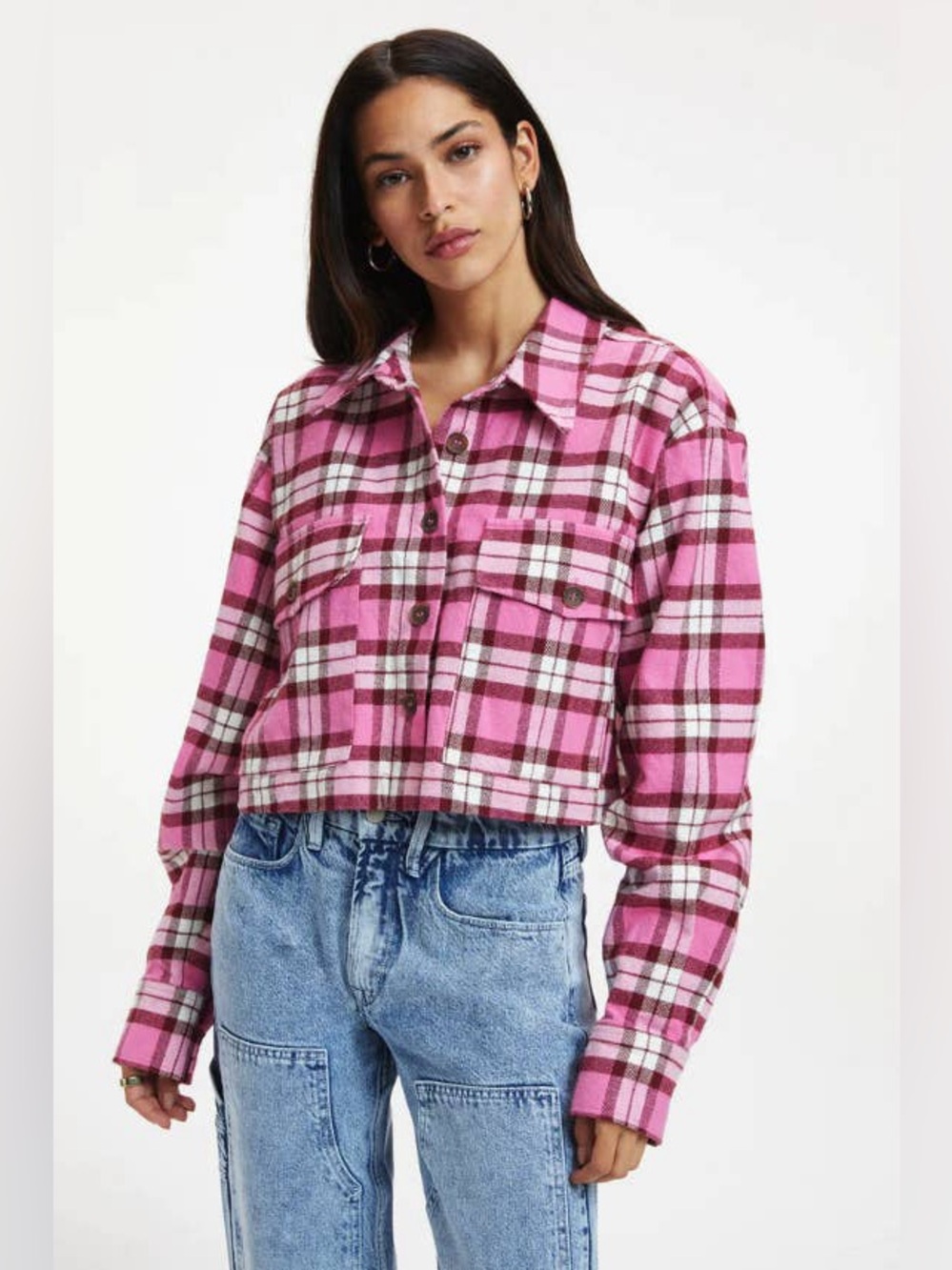 Good American Pink Plaid Cropped Button-Up Shirt Jacket